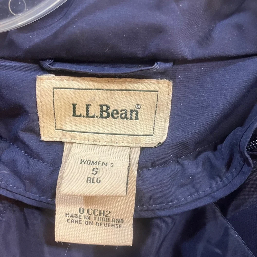 LL Bean Womens Small Regular Navy Blue Long Hooded Rain Coat Plaid Flannel Lined - Picture 4 of 14